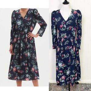Banana Republic Navy Blue Puff Sleeve Floral Midi Fit & Flare Dress V-Neck Sz S